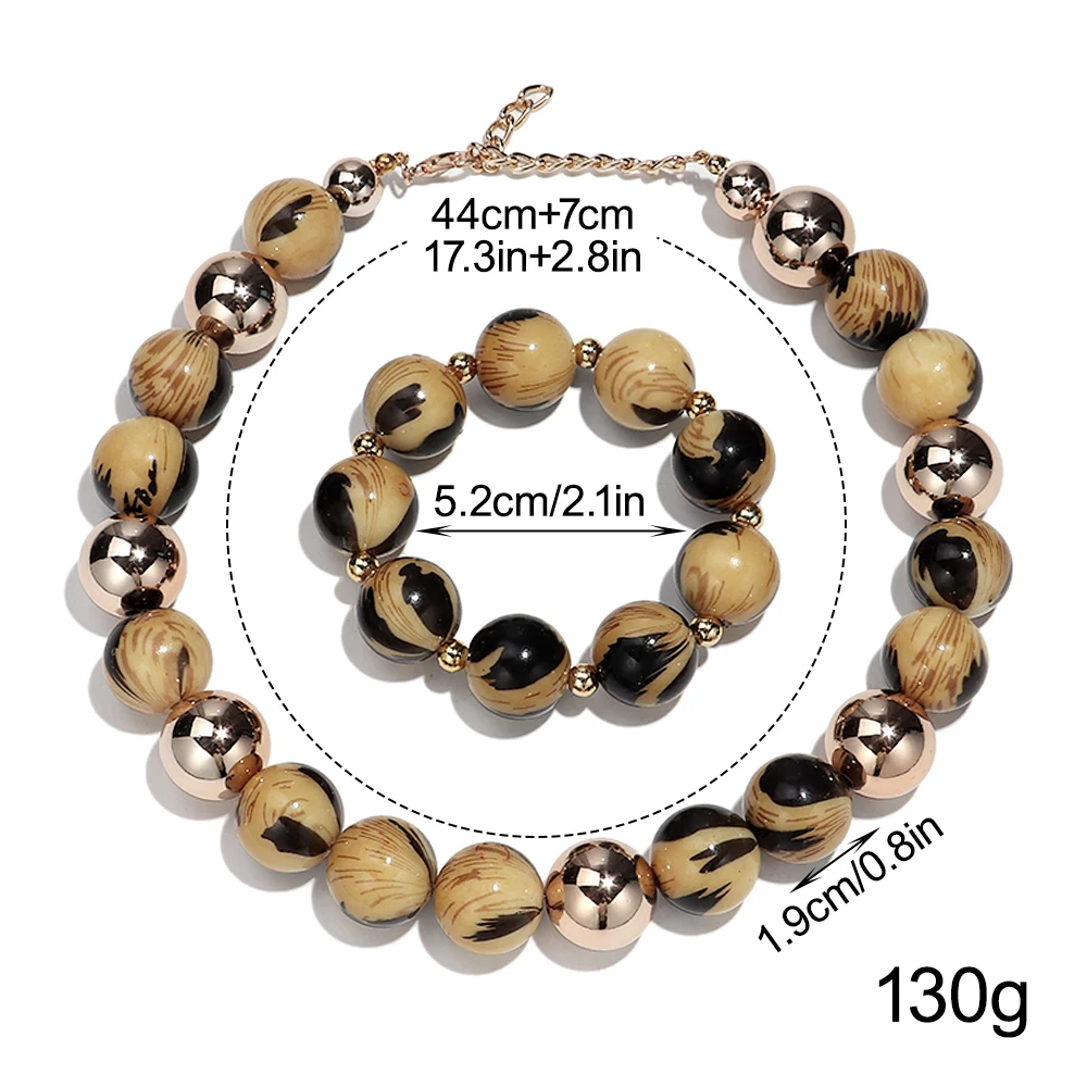 Vintage Acrylic Leopard Round Beads Bracelets Necklace Sets Novelty Geometric Beaded Choker Necklaces Fashion Jewelry Gift