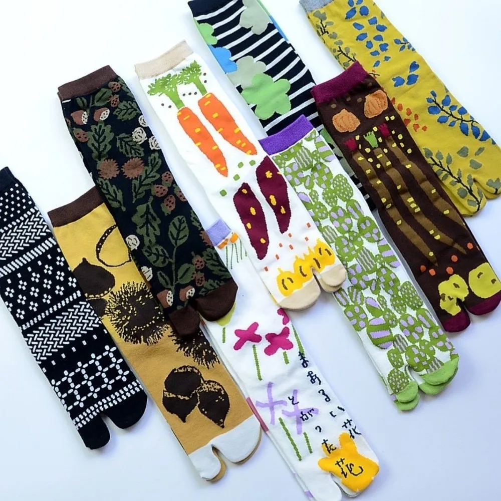 Japanese Style Jacquard Tabi Socks Multi-Color Breathable Cotton Split Toe Socks Artistic Patterns Middle Tube Two-Toe Socks