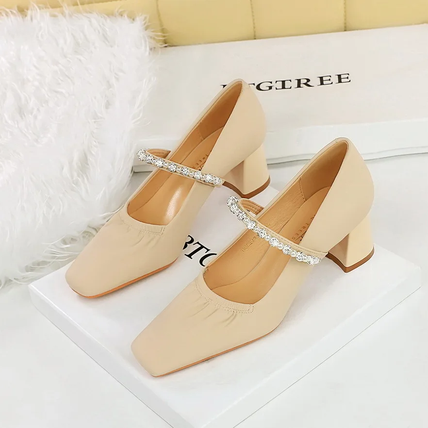 Korean Version Thick And Medium Heeled Women's Shoes With Shallow Mouth Square Toe Pearl Rhinestone Straight Strap Women Pumps