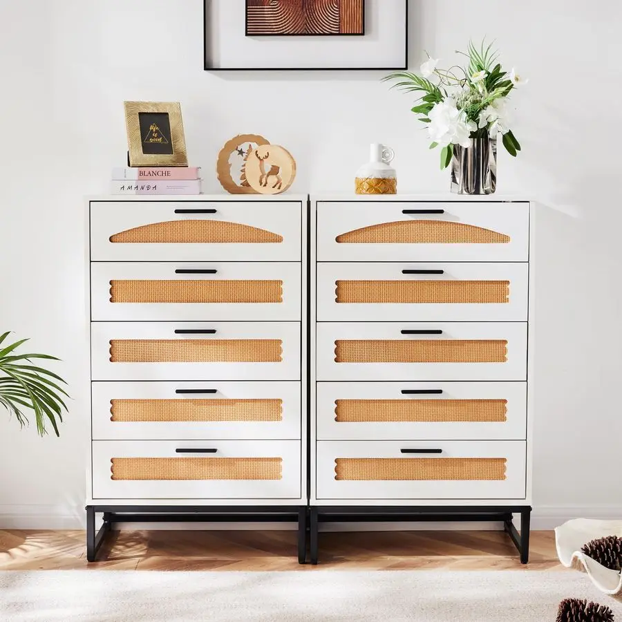 Comò in rattan a 5 cassetti per camera da letto, cassettiera alta in legno per armadio con maniglie in metallo, set comodini Boho, cassettiere e cassettiere