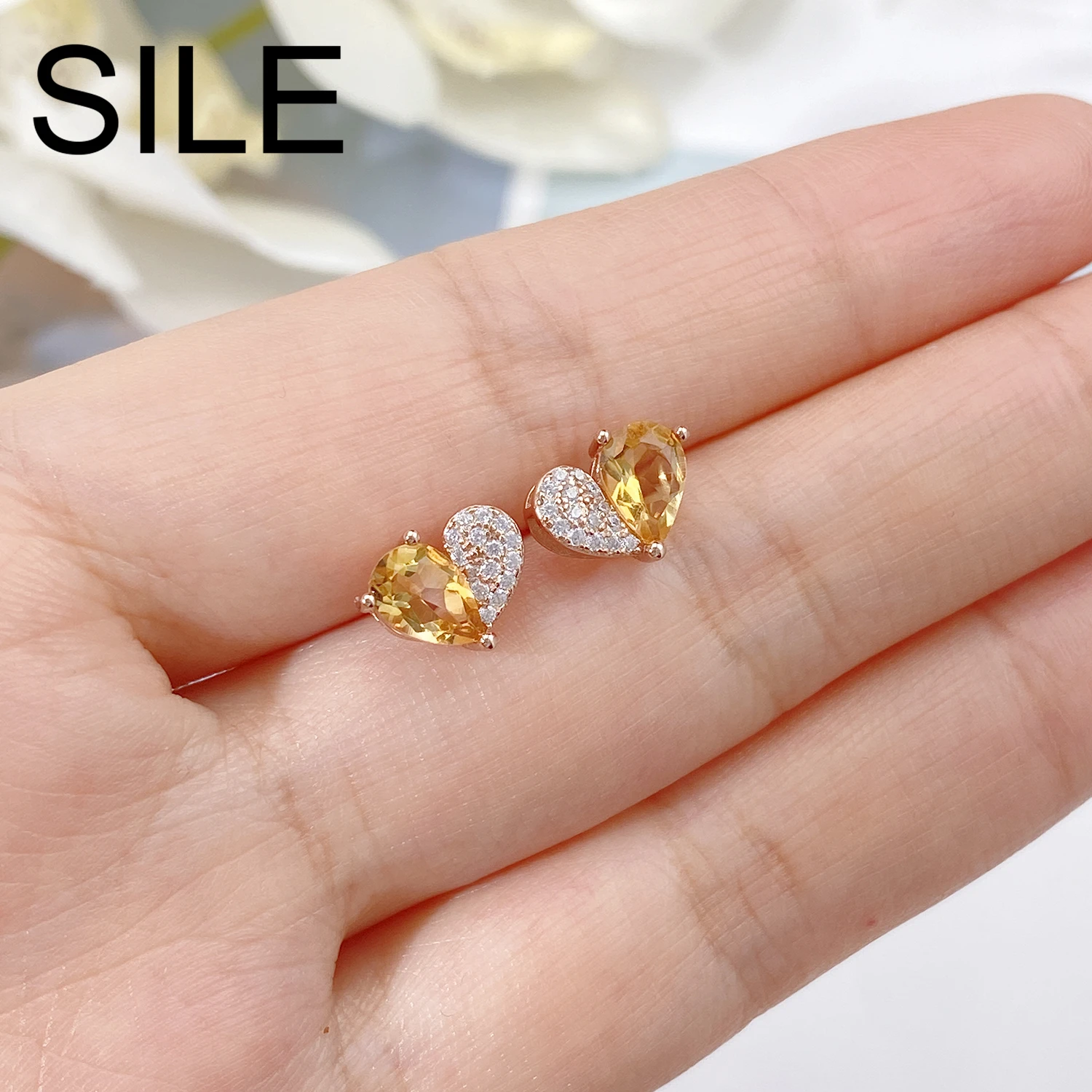 

Модные мини-серьги-гвоздики SILE в форме сердца для девочек, из стерлингового серебра 925 пробы с покрытием из розового золота 18 карат, с натуральным грушевидным цитрином и фианитами, подарки