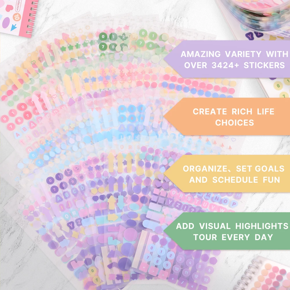 3424 Pcs Colorful Mood Label Stickers Geometry Fantasy Decals For Journaling DIY Crafts Notebooks Multi-element Decorative
