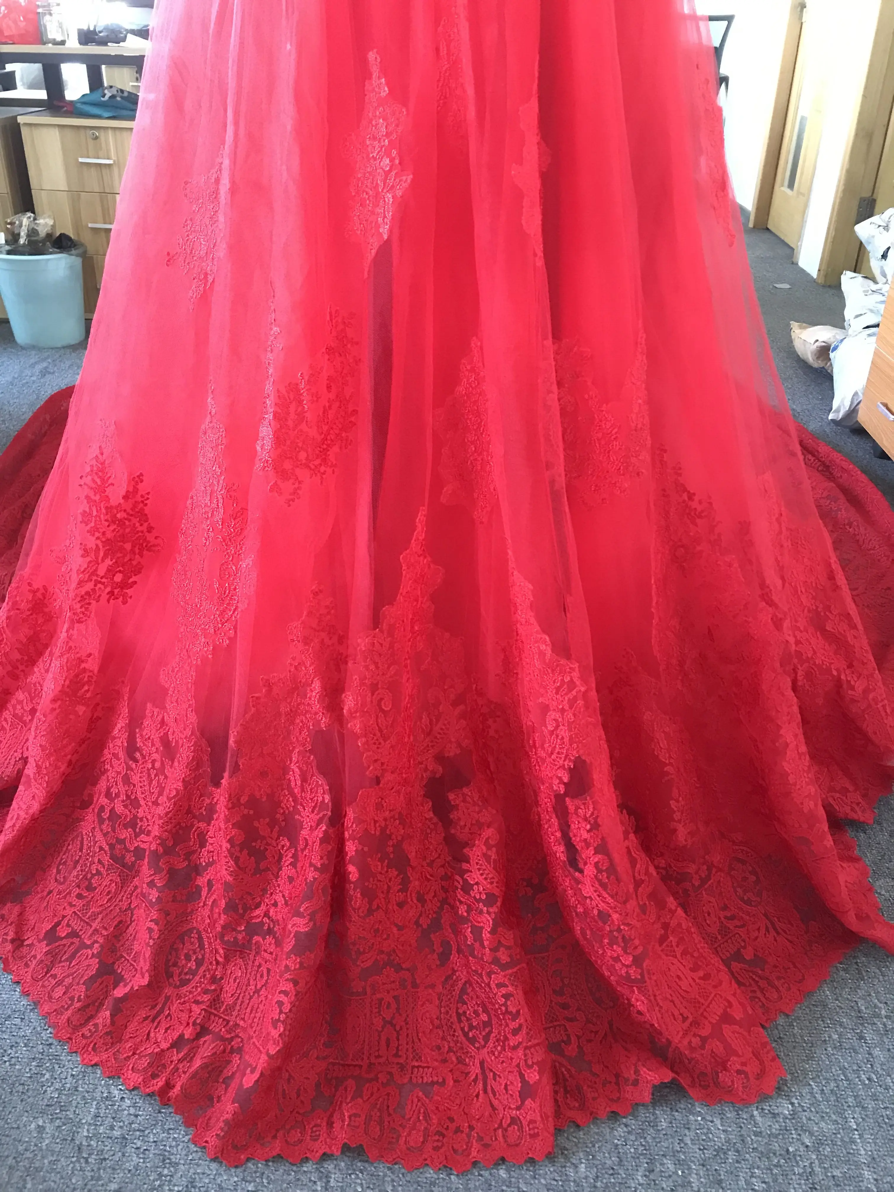 CloverBridal-vestido de novia de manga larga con hombros descubiertos para mujer, vestidos de novia chinos rojos, tren de 150cm, 5154