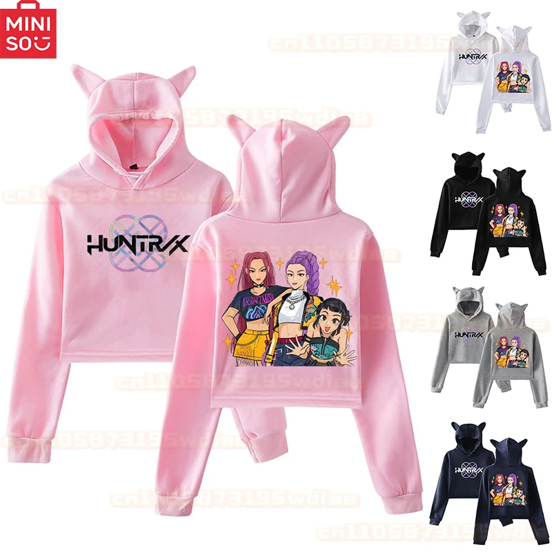 

Kids Anime KPop Demon Hunters Huntrix Crop Hoodies Women Girls Long Sleeve Cat Ear Hoodies Female Cropped Sweatshirt Short Tops