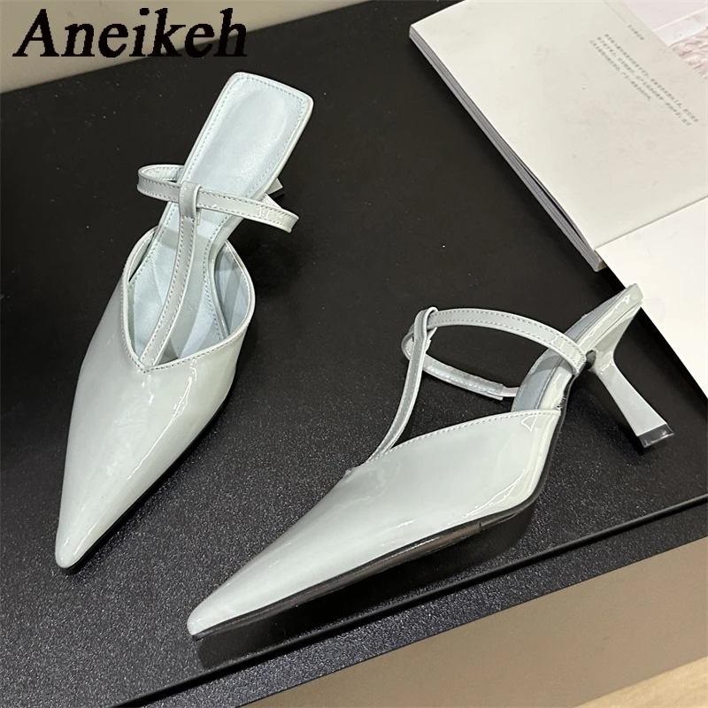 Aneikeh NEW Spring/Autumn Fashion Sewing Solid Slip-On Pumps Shallow Women Sexy Pointed Toe Ladies Mules Shoes Wedding  T-Tied