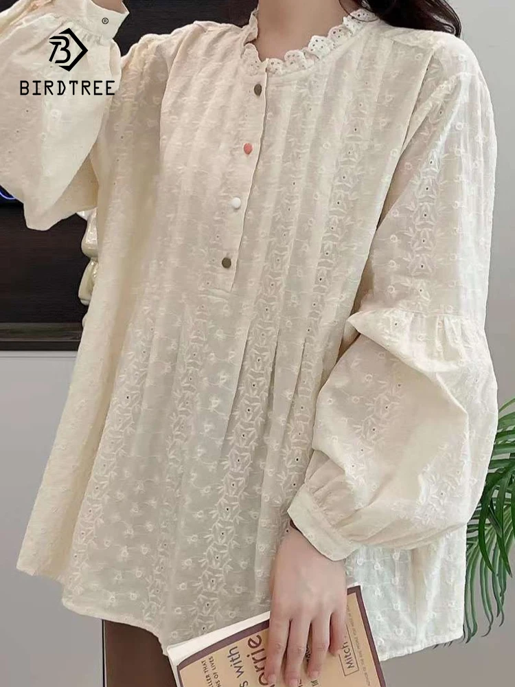 New Fall Cotton Long Sleeve Shirts, Women O Neck Embroidery Tops, Mori Girl Loose Sweet Literature Blouses, 2024 Winter T48654QC