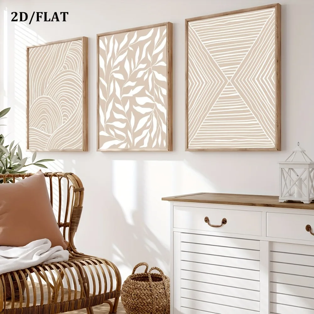 3pcs Frameless,Neutral Beige Abstract Murals and Geometric Plant Patterns,Bohemian Style,for Living Room and Bedroom Decoration