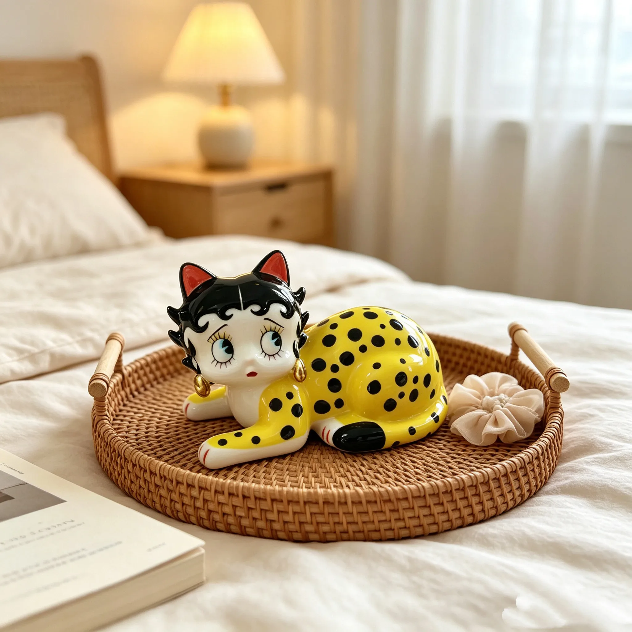 Cute Lucky Cat Ornaments, Goodwill Cat Leopard Print  Figurine with Lovely Smile, Creative Decorations for Home & Office