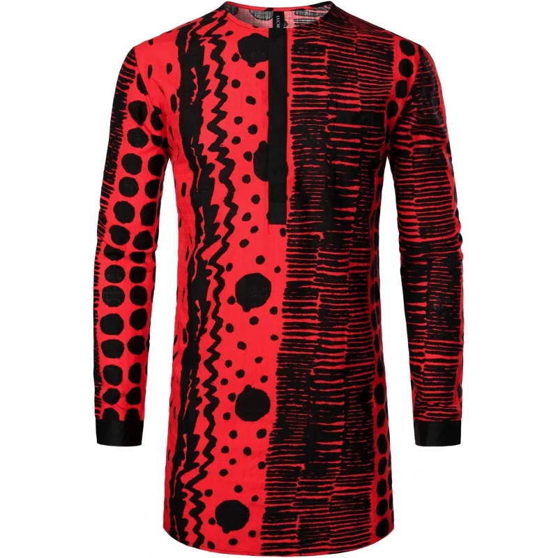 

Men's African Traditional Pattern Printed Hidden Button Long Sleeve Dashiki Shirt with Pocket