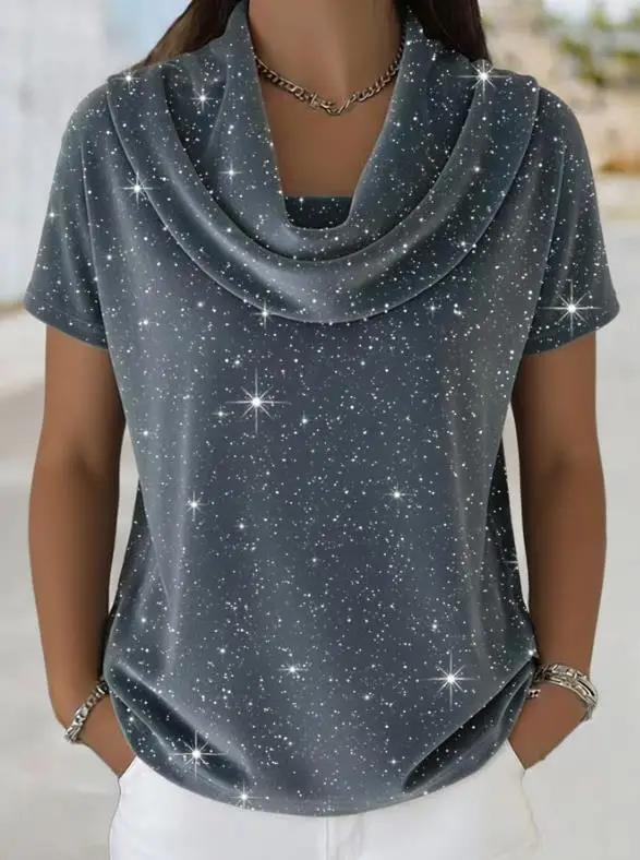 

2026 Spring/Summer New Women's Fashion Casual Solid Color Shiny Decoration V-neck Short sleeved Top Women's Wear