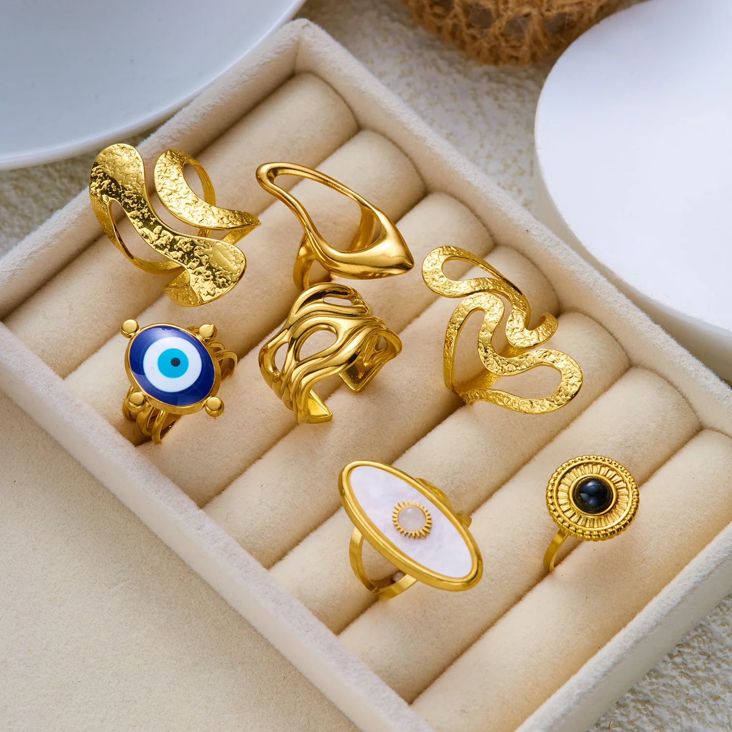 Edelstahlring mit übertriebener geometrischer Form für Damen, Metallstruktur, Sonnenblumen-Fingerring, wasserdicht, antioxidativ, Schmuckgeschenk – Detail 5