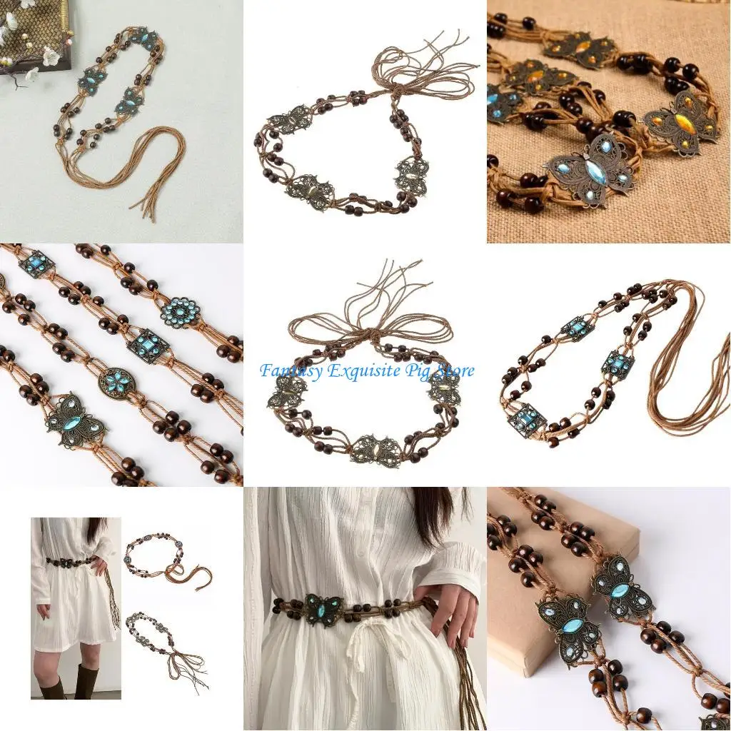 

Плетеный пояс в богемном стиле, хлопковая веревка, универсальная поясная цепочка с бусинами-бабочками для повседневного платья,