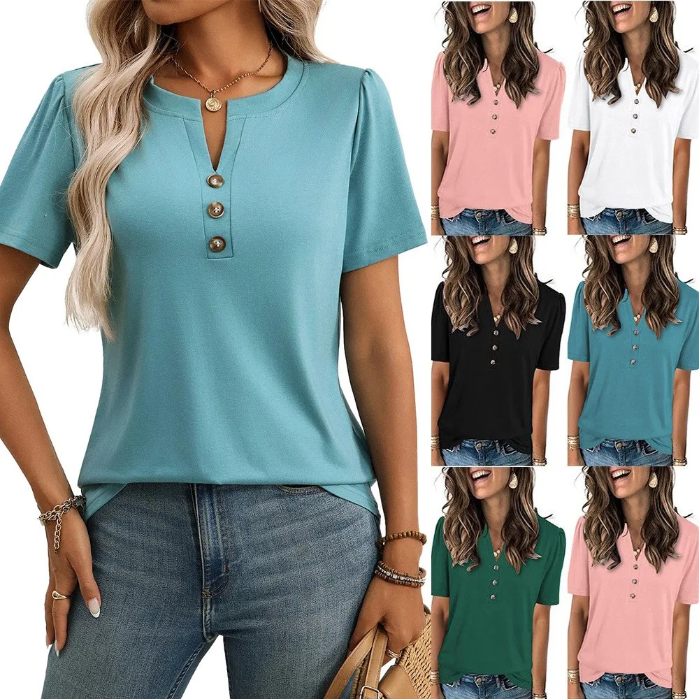 Short Sleeve T Shirt For Woman V Neck Women's Blouse Pullover T Shirts Loose Fit Solid Color Casual Tee Button Front Teal Pink