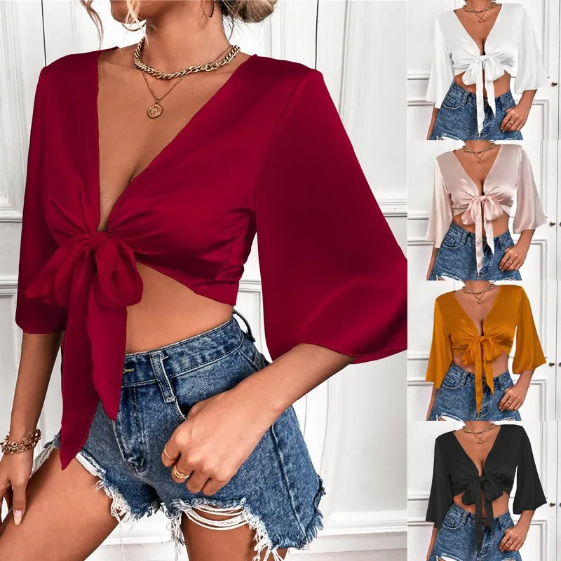 Fashion Women's V Neck Open Back Backless T-Shirt Tops Long Sleeve Casual Tee Shirt Tops Crop Top Cross Bow Sexy Short T shirt