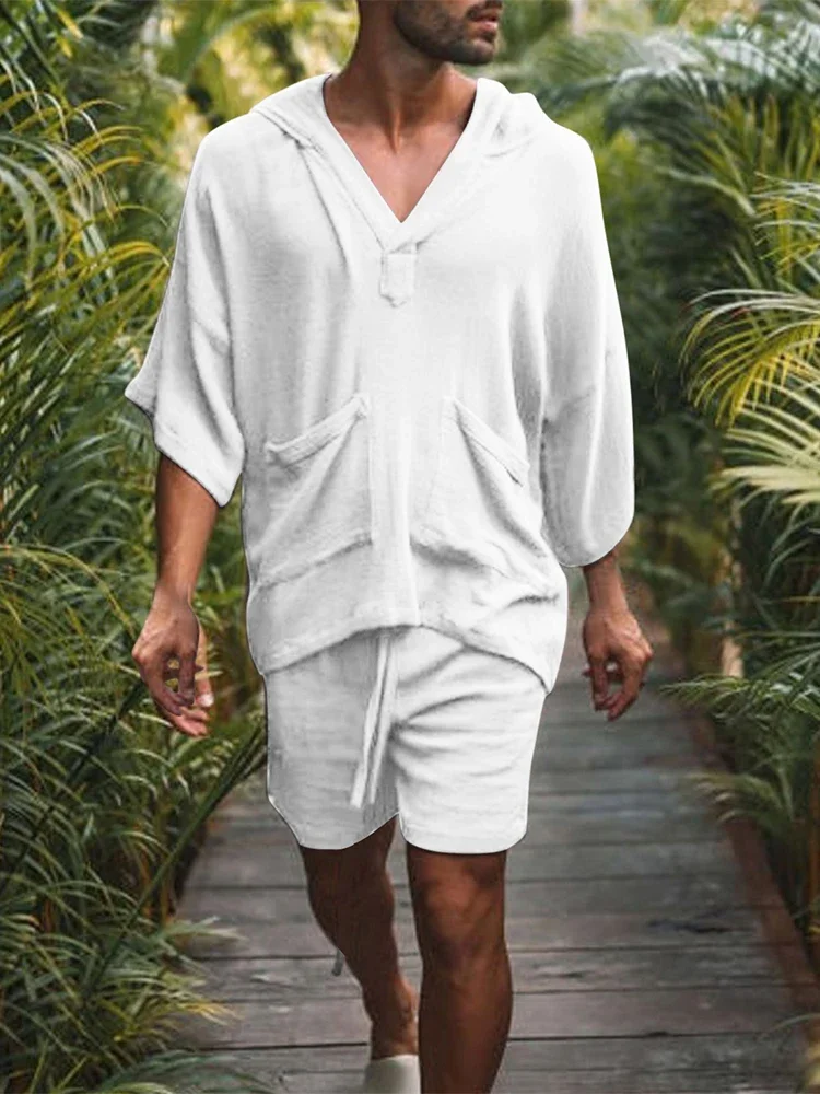 2026 Sommer Herren Einfarbiges Baumwoll-Leinen Zweiteiler-Set V-Ausschnitt Halbarm T-Shirt Lockere Shorts Atmungsaktiv Urlaub Alltag Lässig Passend – Detail 15