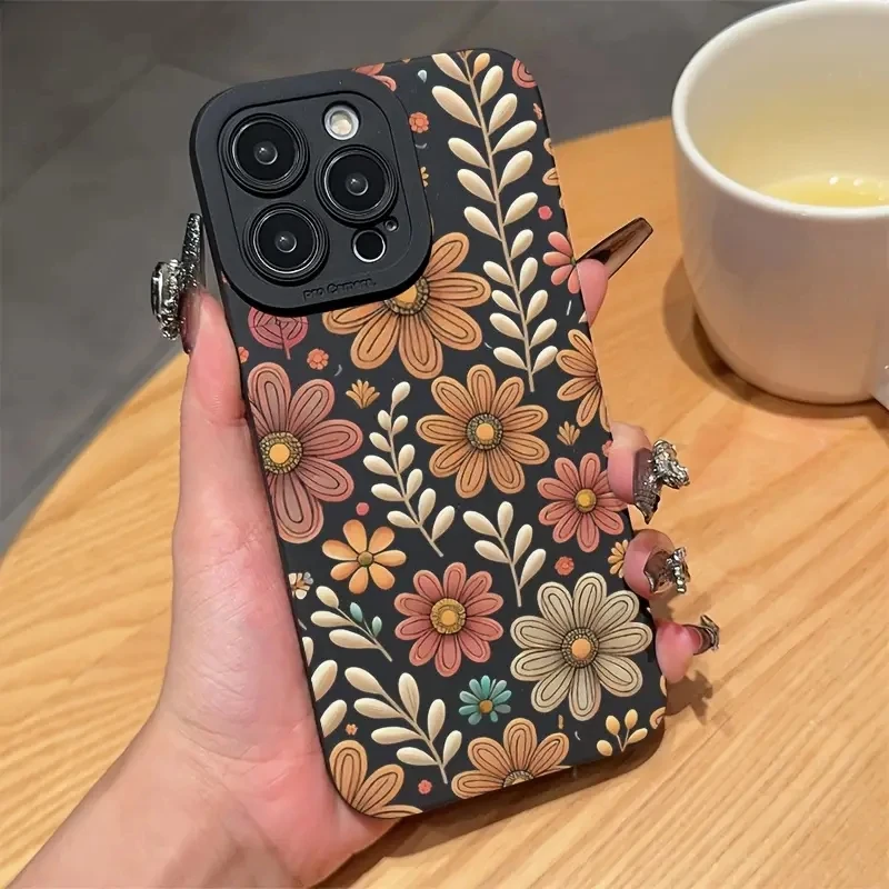 Funda de teléfono con diseño de girasol y flores de línea Vintage para iPhone 16 15 14 13 12 11 Pro Max Mini X XR XS SE 2 8 7 Plus, funda de silicona