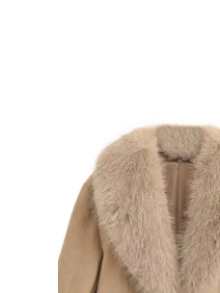 

HH Woman Single Breasted Pocket Decoration Long Sleeves Removable Fur Lapels Suede Suit Coat Female Leisure Coat