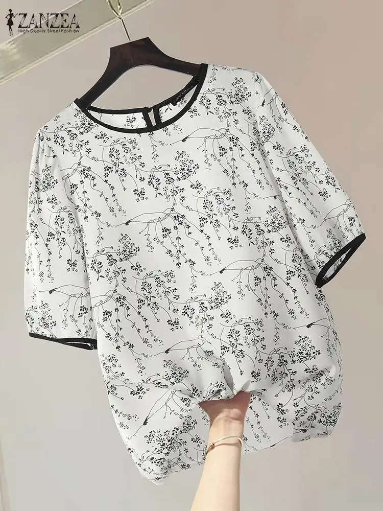 ZANZEA Korean Fashion Floral Printed Blouses Women Elegant Puff Short Sleeve Party Blusas Casual Loose Summer Color Block Tops