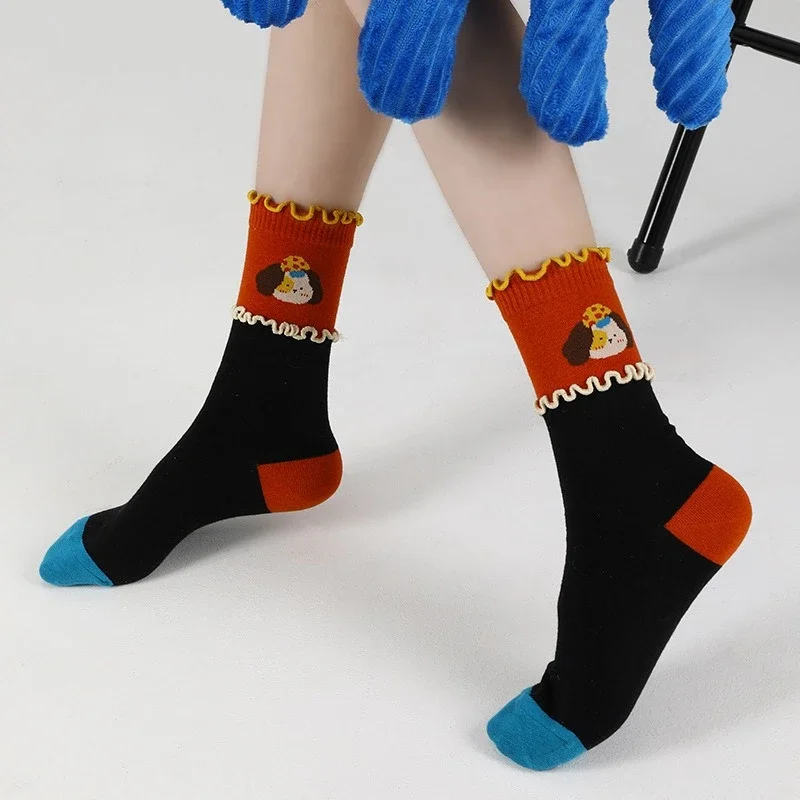 Autumn and Spring Women Socks Korean Retro Cartoon Girl Colorblocking Premium Cotton Crew Sock Personality Design Long Socks