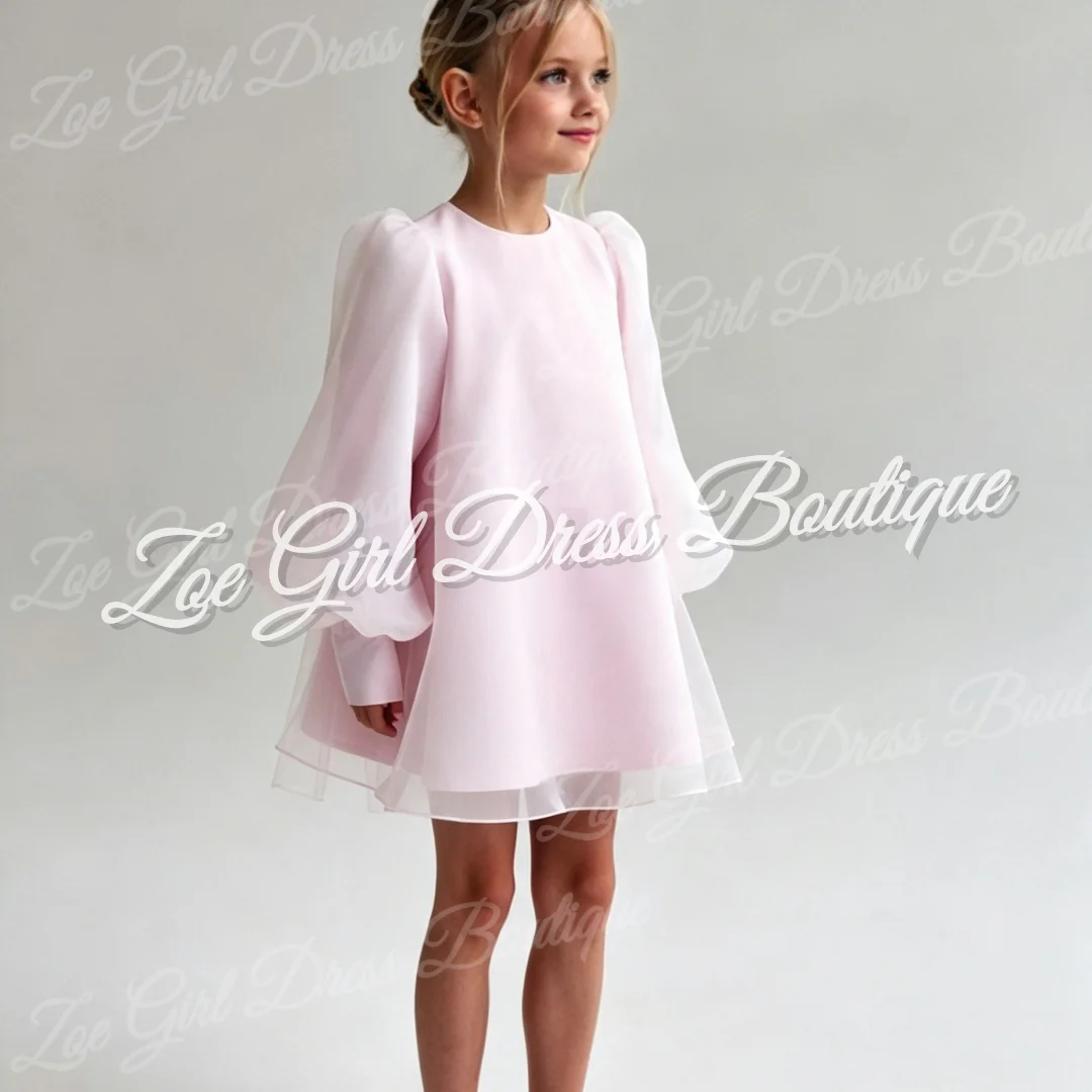 Round Neck Puff Long Sleeve A-Line Flower Girls Dresses for Kids Birthday Party Photoshoot Wedding Gowns Customized