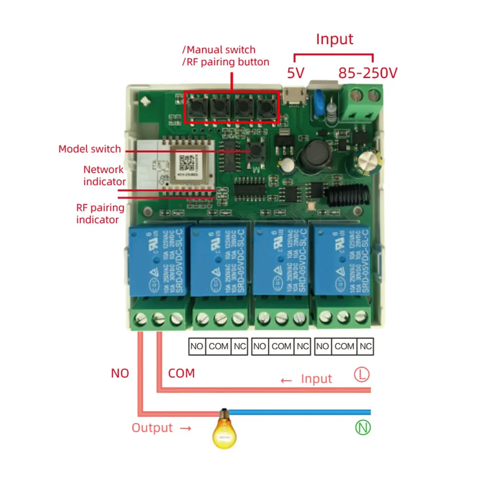 Tuya Zigbee Smart Light Switch Module 4CH Remote Switch Controller AC 85-250V DC7-35V 10A Relays Micro USB/5V Work Home Smart