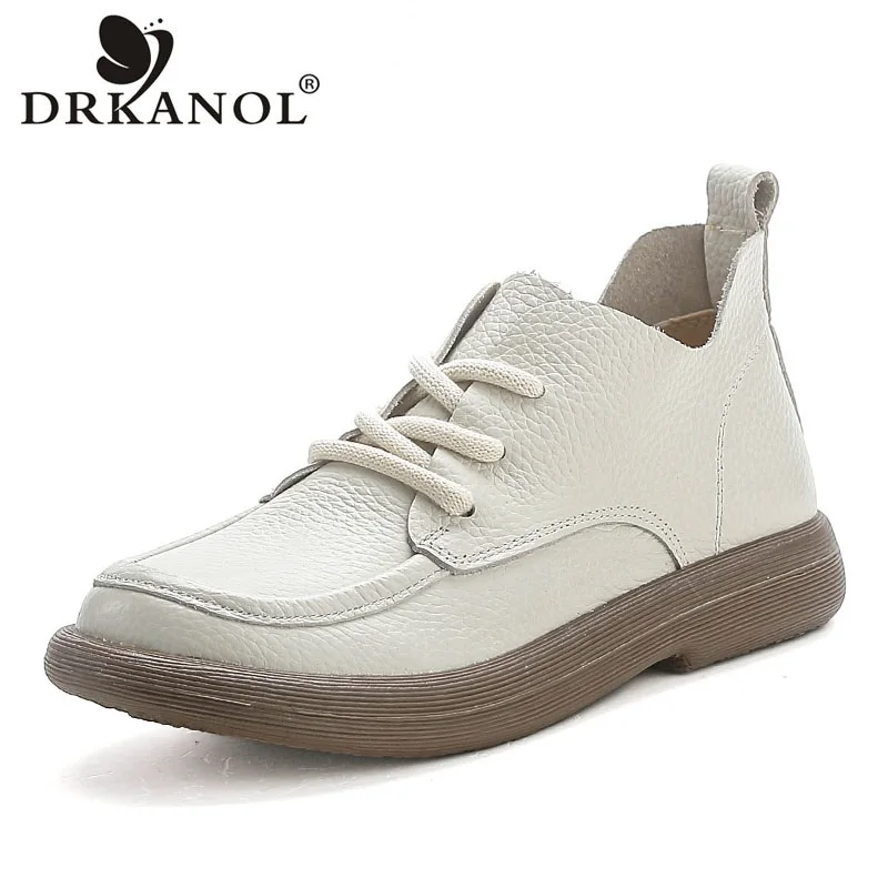

DRKANOL Women Genuine Leather Ankle Boots 2026 Autumn Winter Plush Warm Shoes Round Toe Flat Heel Soft Sole Short Cotton Boots