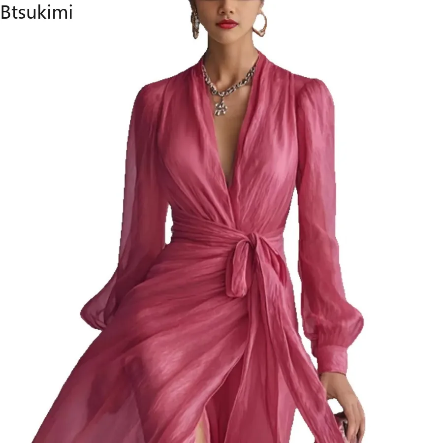 New Fashion Solid Color V-neck Party Long Dresses for Women Summer Elegant Long Sleeve Lace Up Maxi Dress Ladies Casual Vestidos view 6