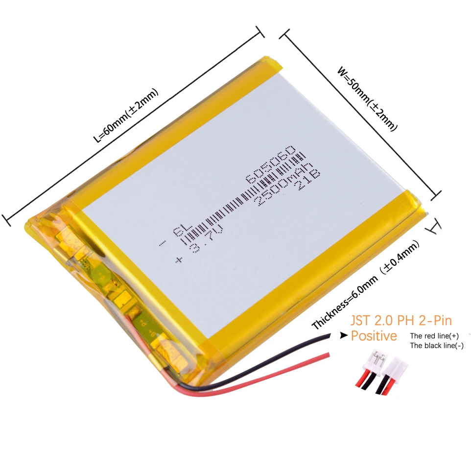 JST2.0mm 2Pin 605060 3.7V 2500mAh 充電式リチウムポリマーリチウムイオン電池 305060 405060 505060 705060 805060 905060 105060 125060