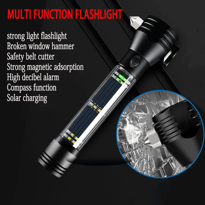 Multi-function Flashlight 8-in-1 Solar Charging Escape Rescue Hammer Audio Alarm Compass Emergency Flashlight For Vehicles