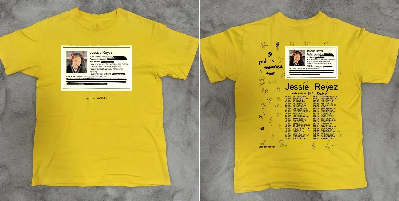 Jessie Reyez 'Paid In Memories' 2025 Tour camiseta amarilla S-5XL regalo Fan