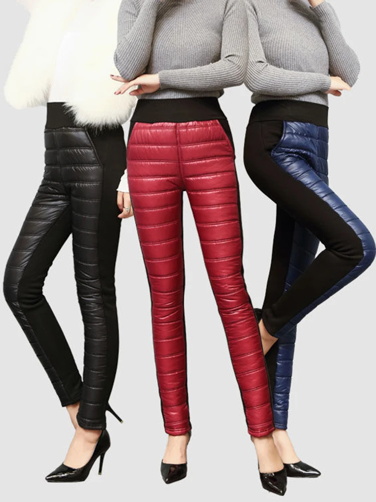 Down Cotton Pencil Pants Warm Plush Velvet Lined Casual Winter Thicken Slim Pantalone Women High Waist Ankle-length Trousers