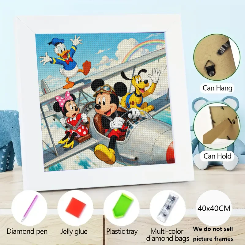 

1PC DIY Full Drill 5D Diamond Painting Kit, Disney Mickey Mouse Minnie Donald Duck Pluto Flying Airplane Adventure with Rainbow
