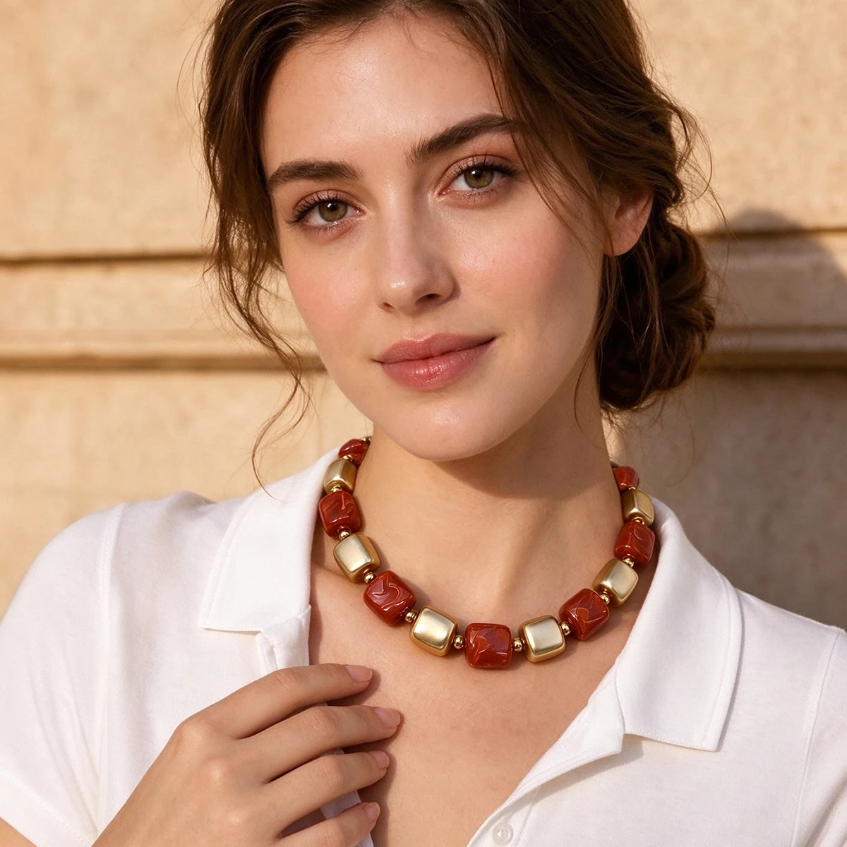 Women Chunky Square Beaded Necklace, Vintage Dopamine Colorful Resin Matte Gold Statement Choker, Boho Jewelry Party Gift