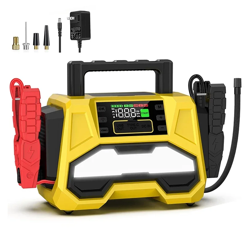 2025 Multi-Functional 8000A Car Jump Starter With Air Compressor with LCD Display and LED Light Portable Power Bank