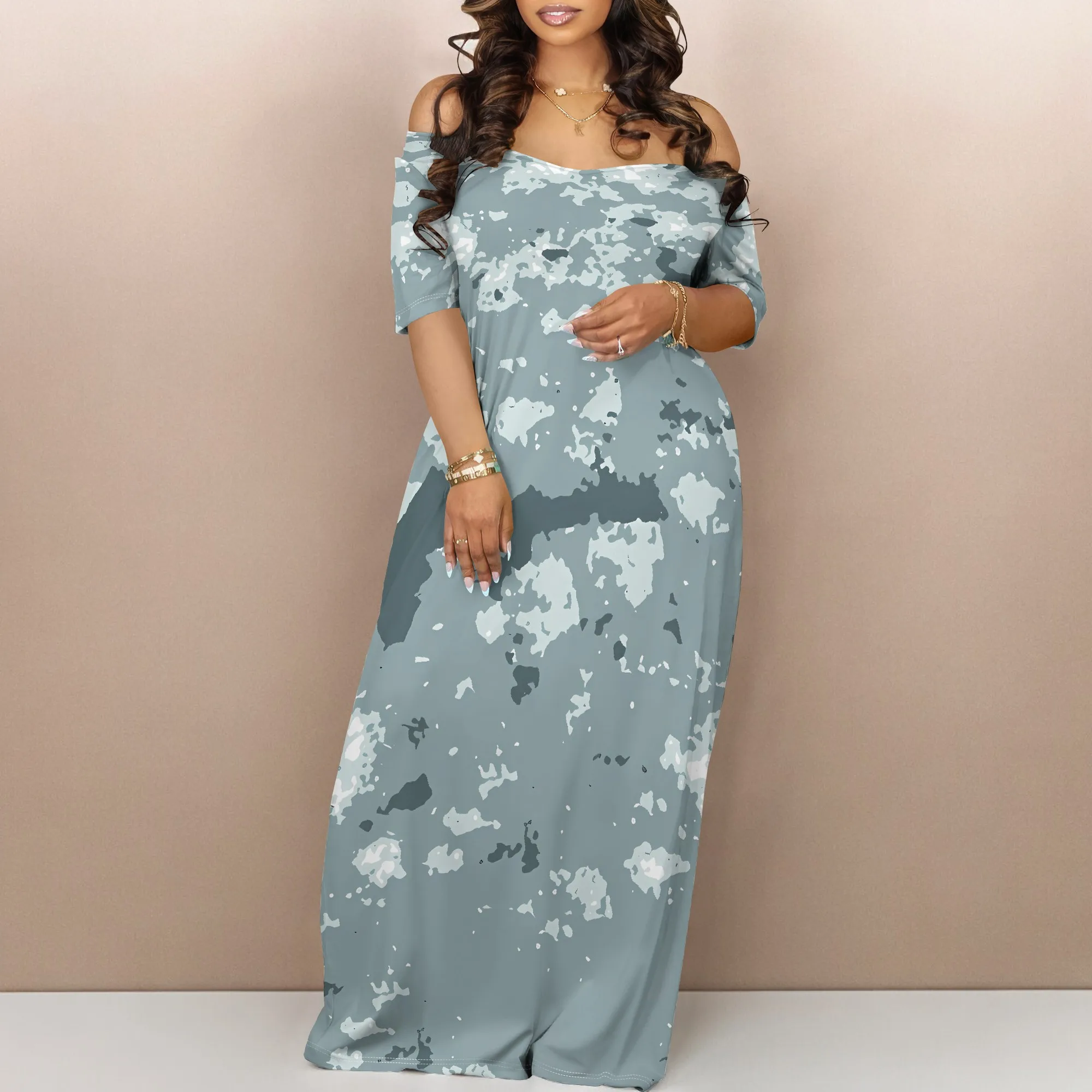 

Summer Maxi Dress Women Off Shoulder Short Sleeve Long Floral Dress with Pockets
