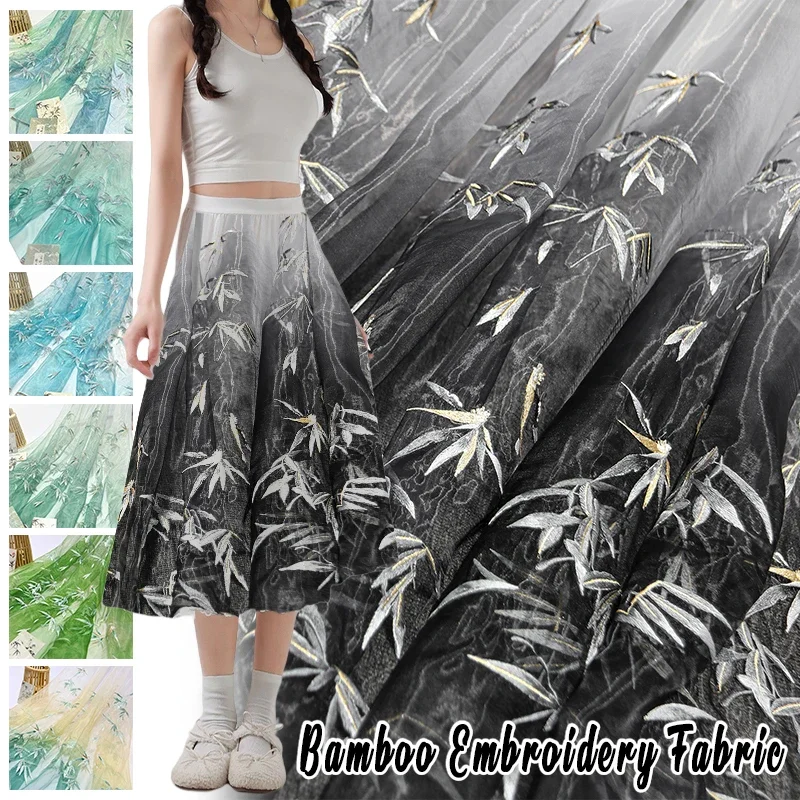 Tela de Organza bordada de bambú, Falda plisada con cara de caballo DIY, Cheongsam, costura gradiente, bordado pesado, tela de diseño de bambú
