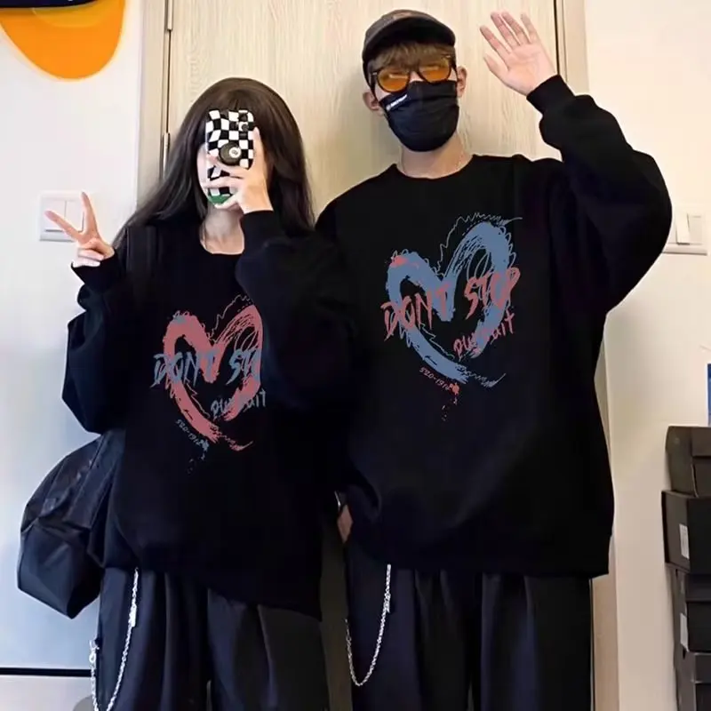 Couple's Letter Printed Round Neck Long Sleeve Hoodies Y2k Spring New Hip Hop Hooded Sweatshirts Y2k Clothes