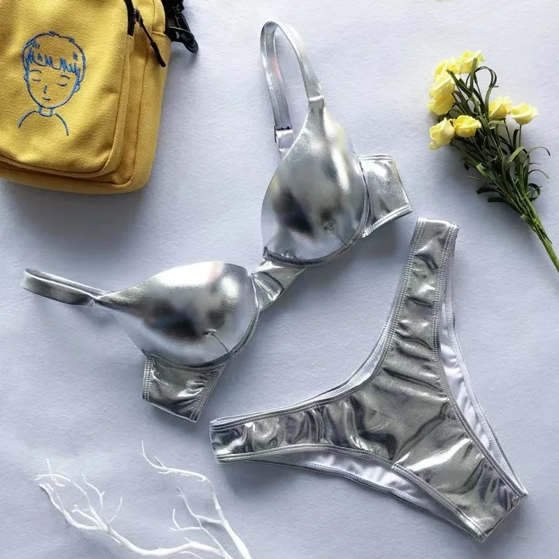 Silver Bright Leather Bikinis 2023 Push Up Bikini Set Female Swimsuit Women Swimwear Bather Bathing Suit Biquini