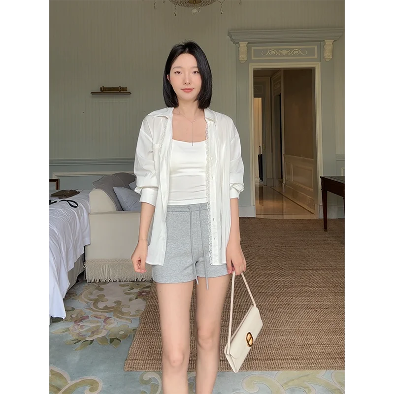 

Slimming V-neck Shoulder-baring Lace Trim Loose Casual Short Pants Women's Shirt Summer Basic Versatile Loose Fit Casual Style