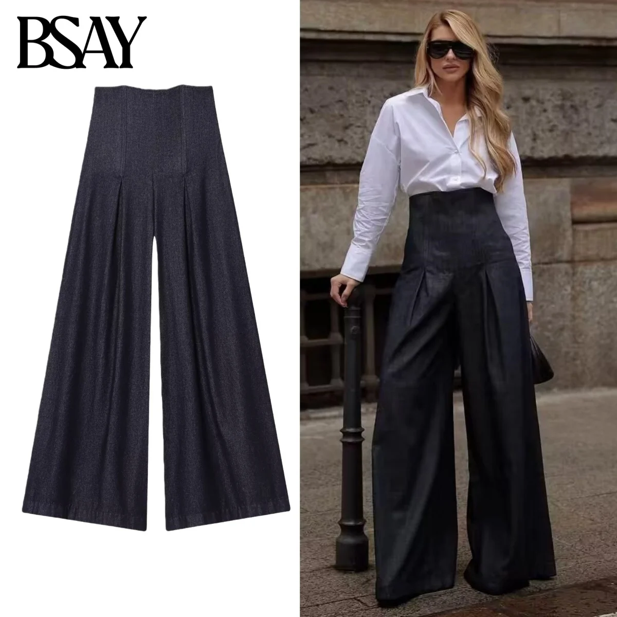 

BSAY Широкие джинсы для женщин Мода Осень Зима Новые однотонные свободные брюки на молнии сзади с высокой талией Шикарные женские брюки