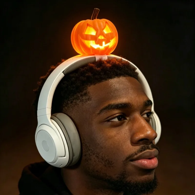 Halloween LED Pumpkin Headset Decor, Light Up Jack-o'-lantern Headphone Attachment with Magic Tape, Gaming Streamer Accessory