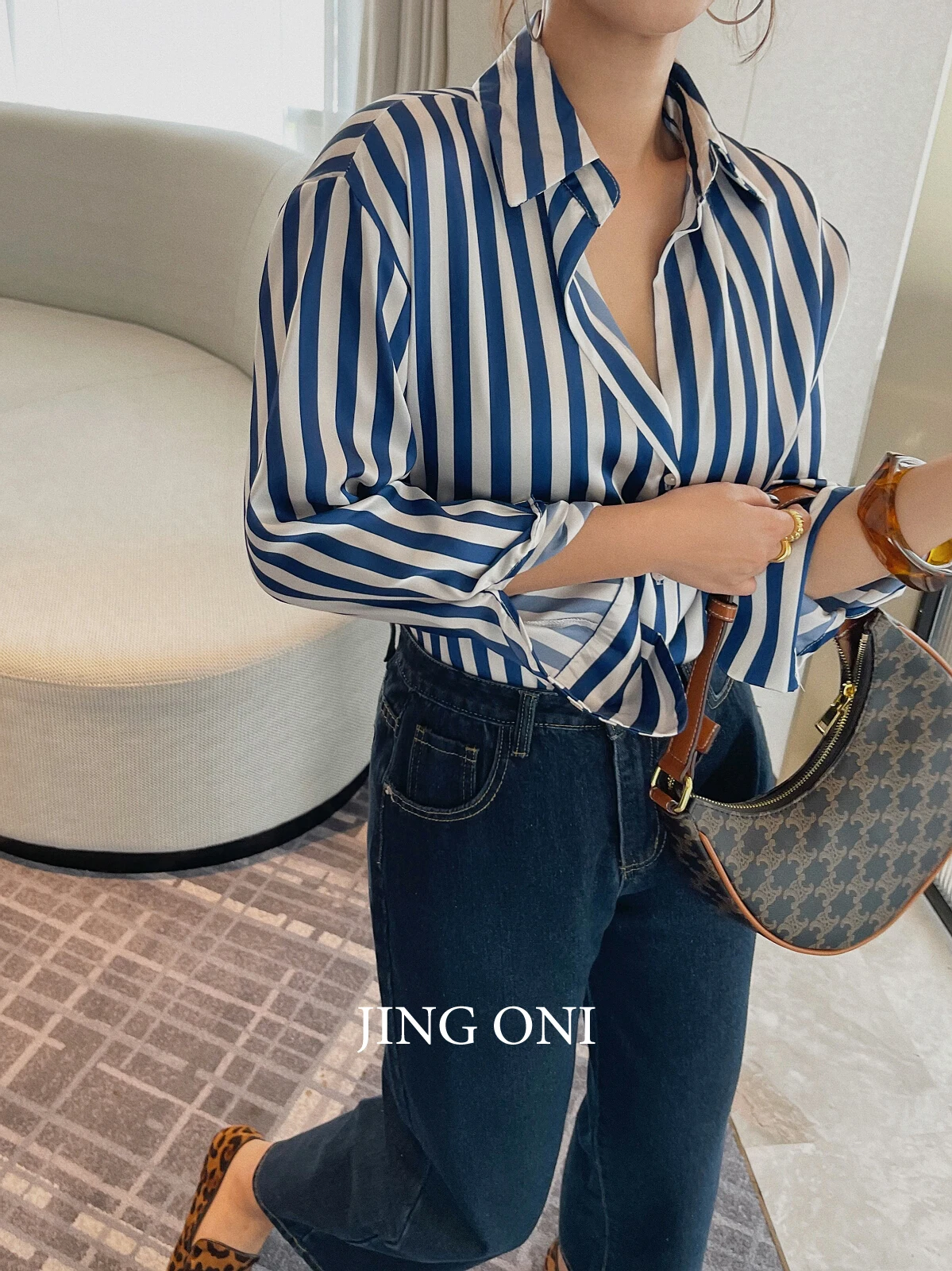 

Satin Stripe Shirt Blouse Women 2023 Clothing Vintage Elegant Korean Style Y2K Fashion Cropped Luxury Oversized Top Long Sleeve