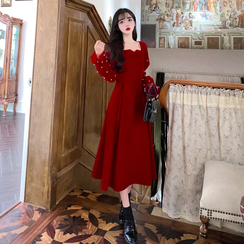 Winter Elegant Chic Luxury Pearls Red Long Dress Long Sleeve Festival New Year Party Midi Dresses Women Vestido Robe Clothing