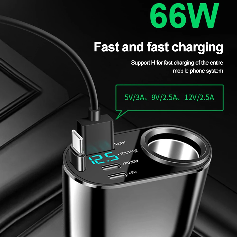 3 Ports PD+QC3.0 Car Phone Charger 12V/24V Super 66W Quick Charger 90W Car Cigarette Lighter Power Adapter Digital Voltmeter