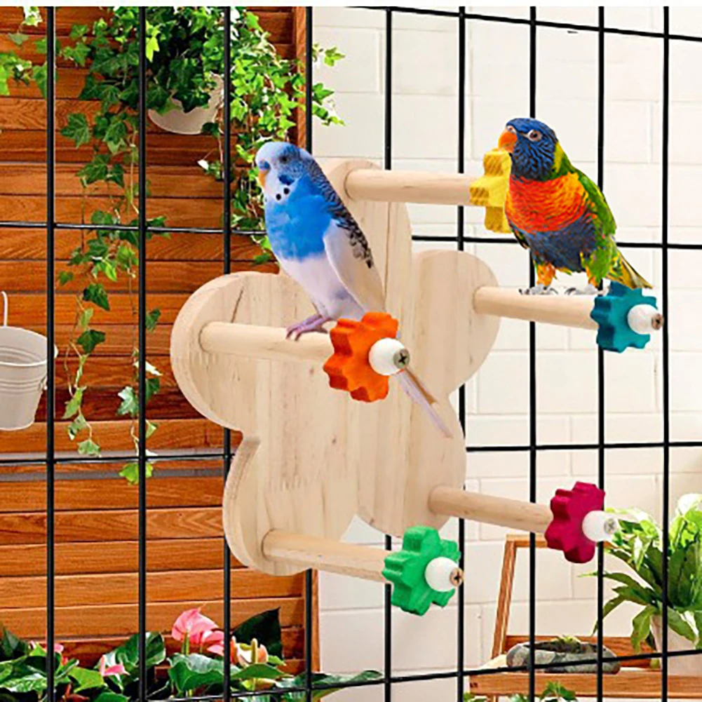 Rotating Ferris Wheel Bird Toy With Bearings Solid Wood Turntable Stand Bird Rotating Perch Toy With Perches Hanging Bird Stand