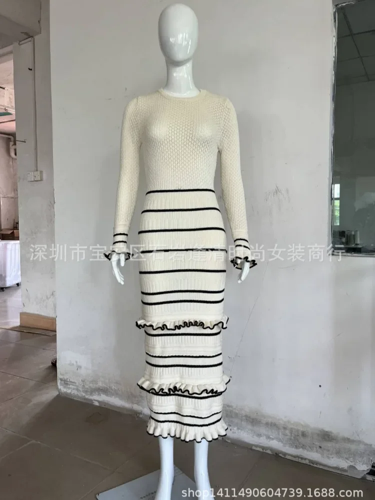 White Ruffle Knitted Maxi Dress Women Sexy Hollow Out See Through Sweter Sukienki Jesień Zima Eleganckie Sukienki Slim z Długim Rękawem