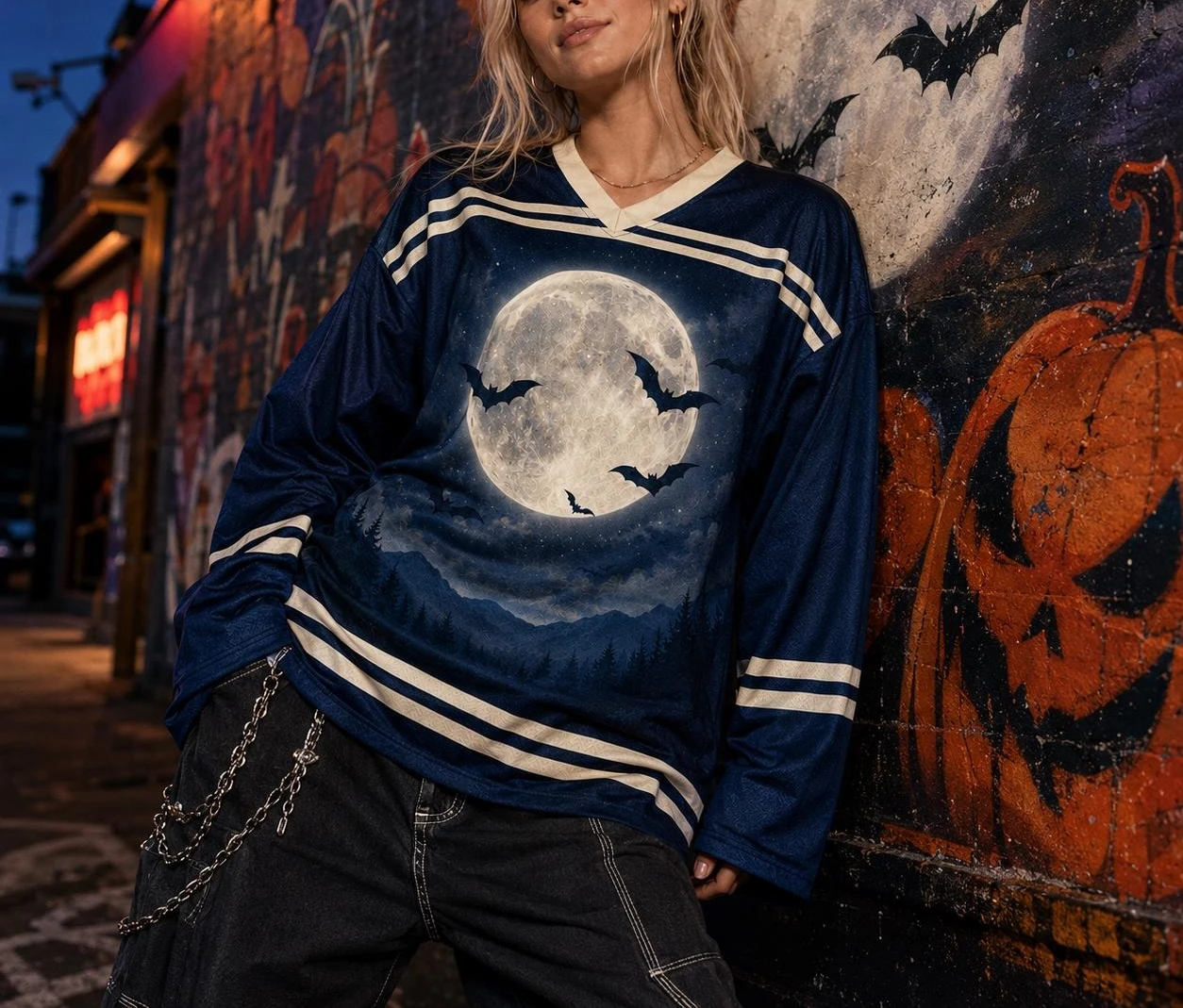 Dark Night Full Moon Flying Bats Graphic Hockey Jersey 3D Print Long Sleeve Halloween Festival Streetwear Tops Family Matching