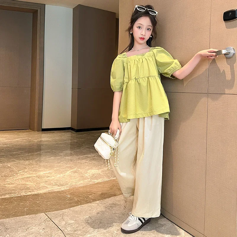 

2024 Summer School Girl 2PCS Clothes Set Teenager Girl Bubble Sleeve Square Neck Top+Straight Pants Set For Girls 4-15Yrs