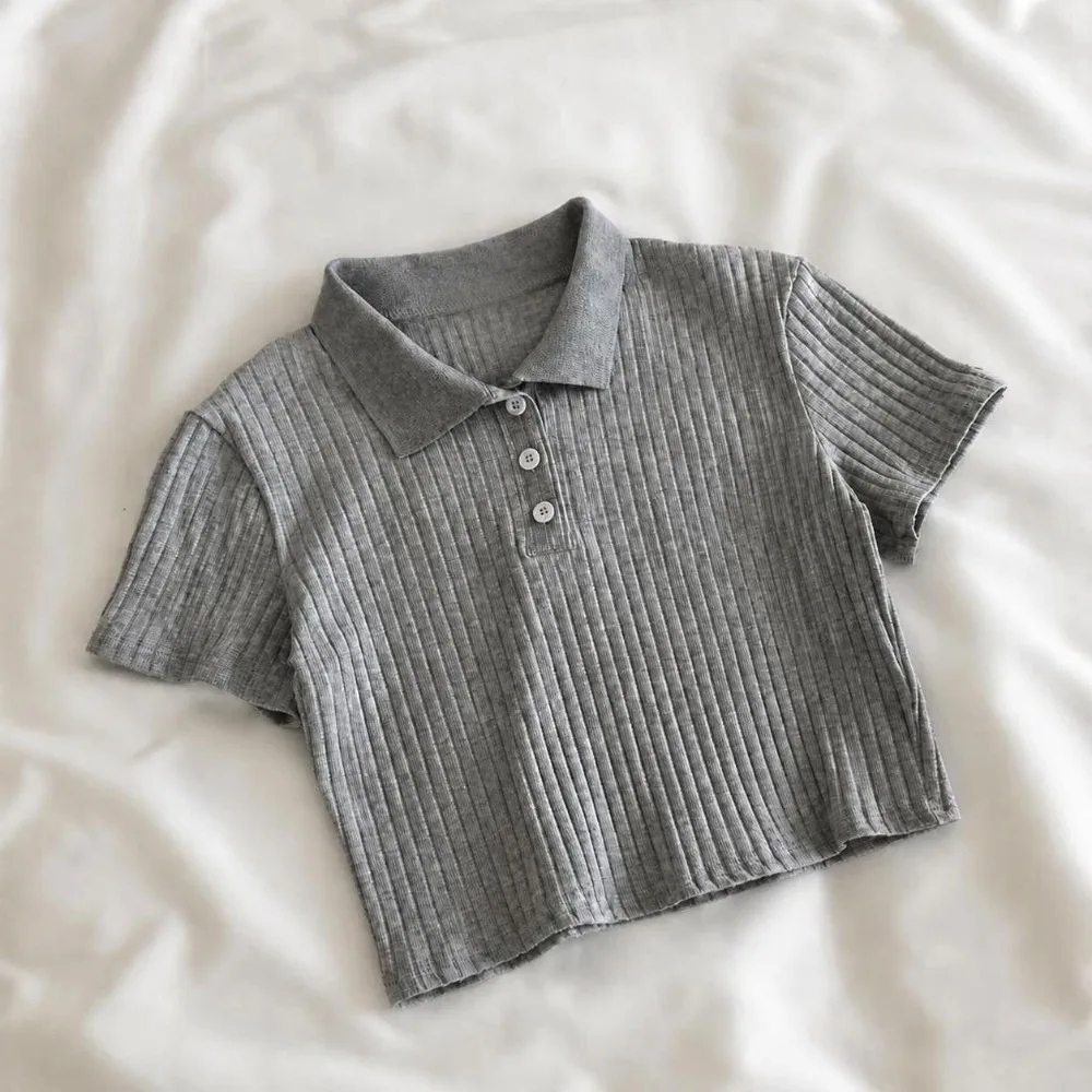 Korean Style Casual Short Sleeve T-Shirt Slim Fit Breathable Lapel Collared Tees Solid Color Ribbed Slim Tops for Kids