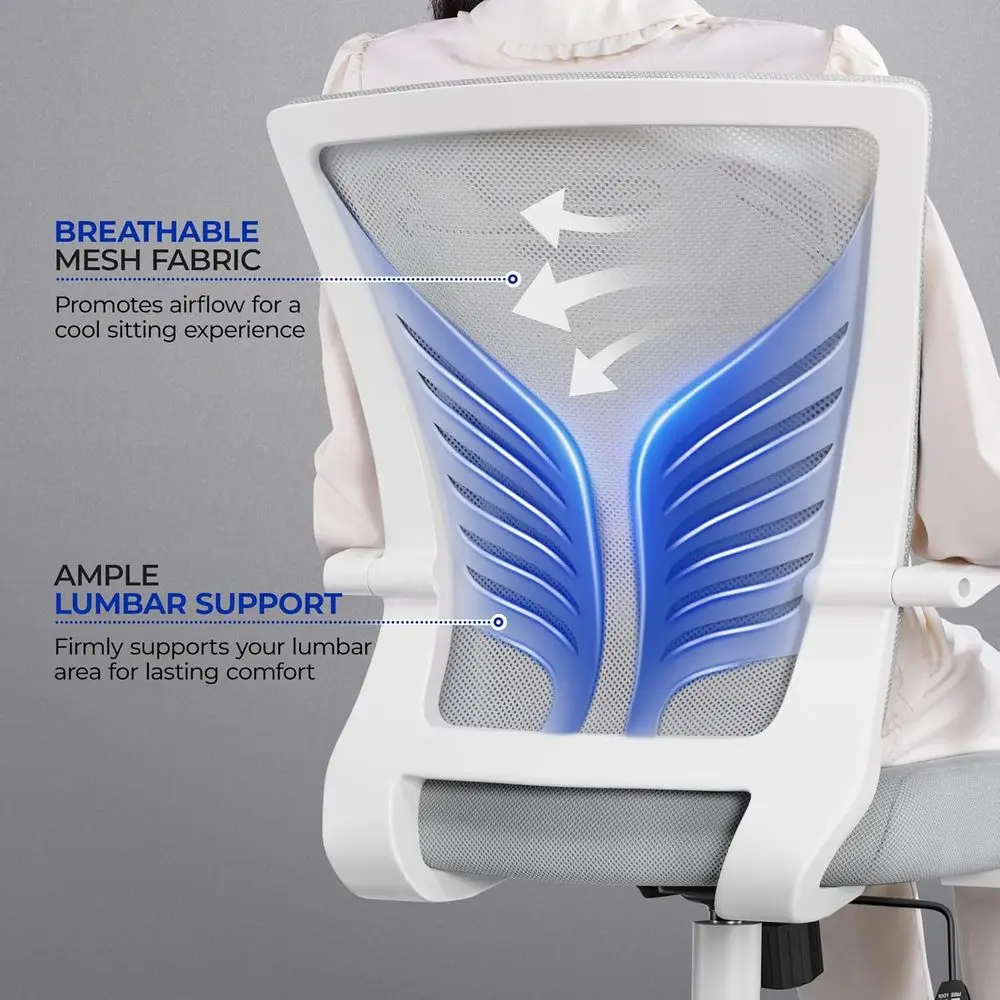 Silla de oficina ergonómica con respaldo medio con altura ajustable y soporte lumbar, gris claro